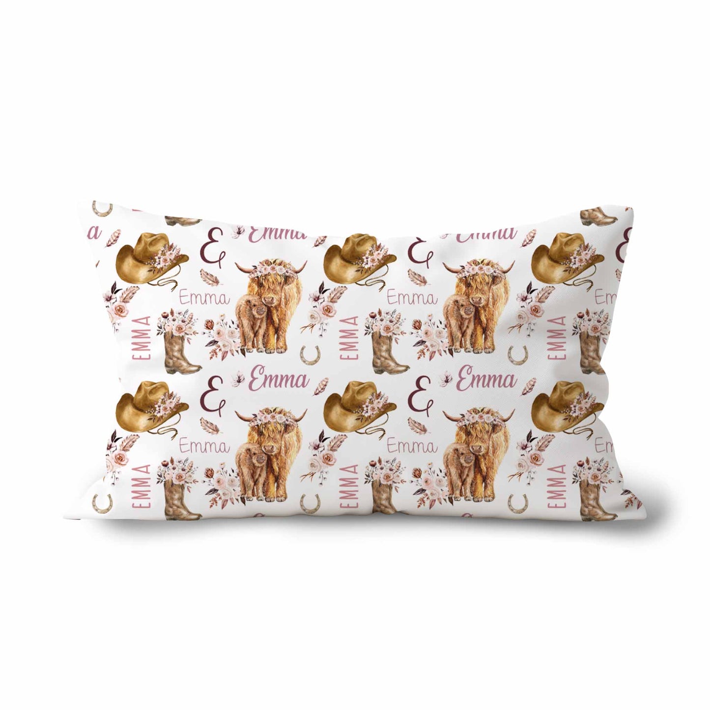 Couvre-oreiller standard | Vache highland fleurs latté prénom répétitif