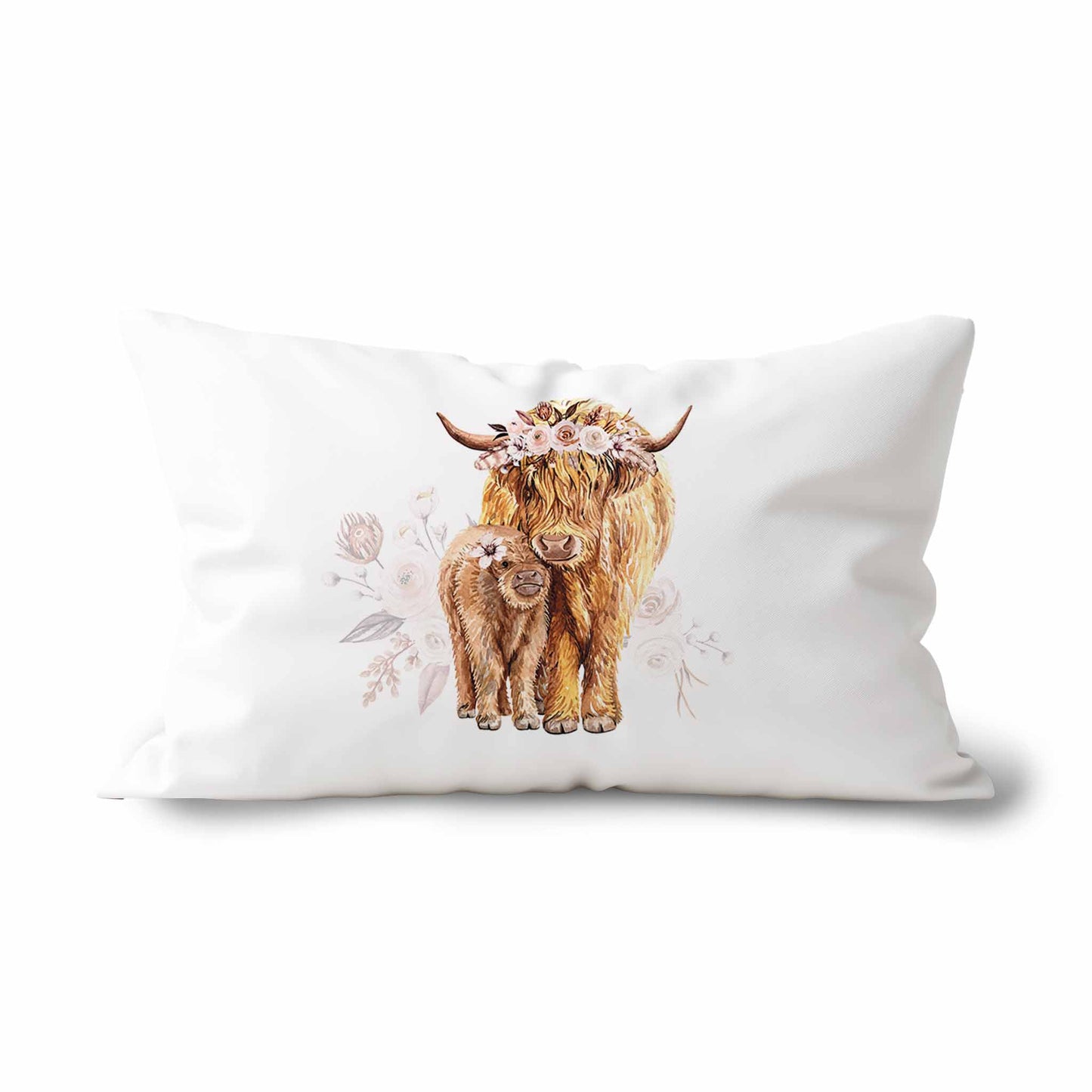 Couvre-oreiller standard | Vache Highland fleurs latté panneau