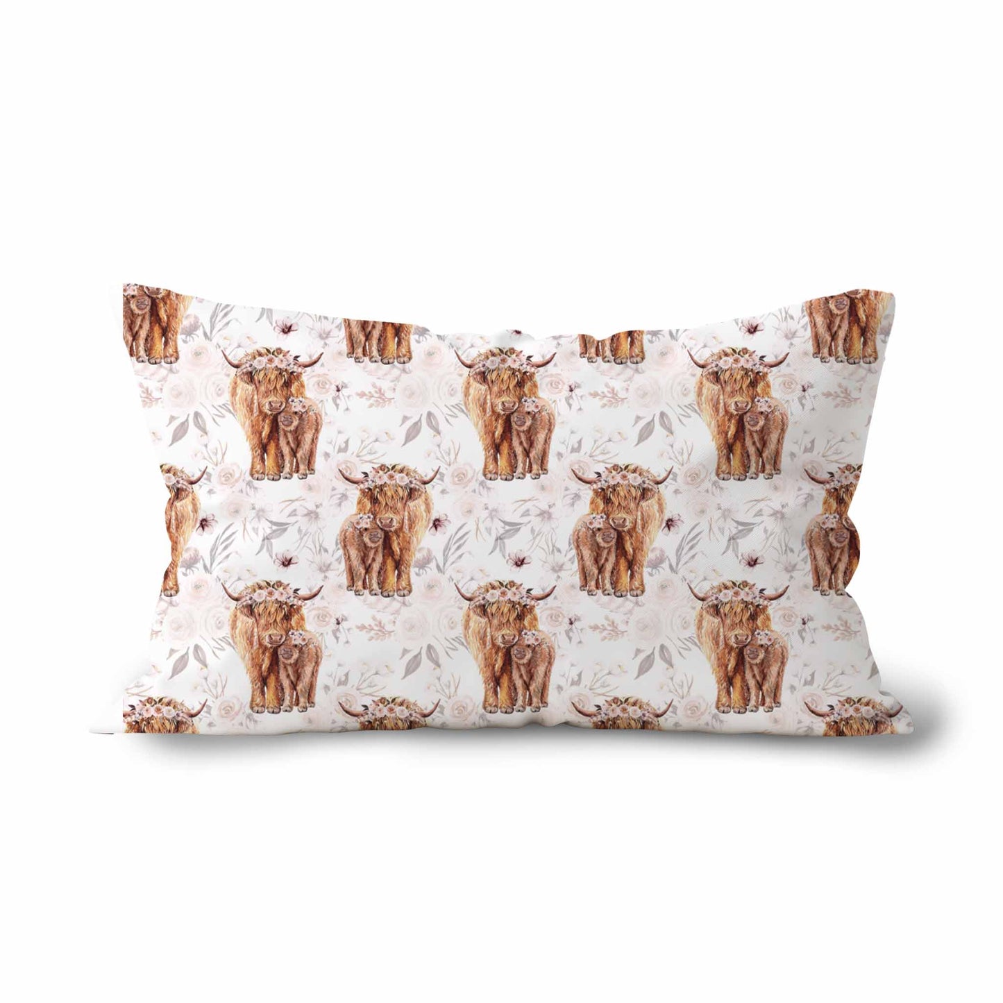 Couvre-oreiller standard | Vache highland fleurs latté