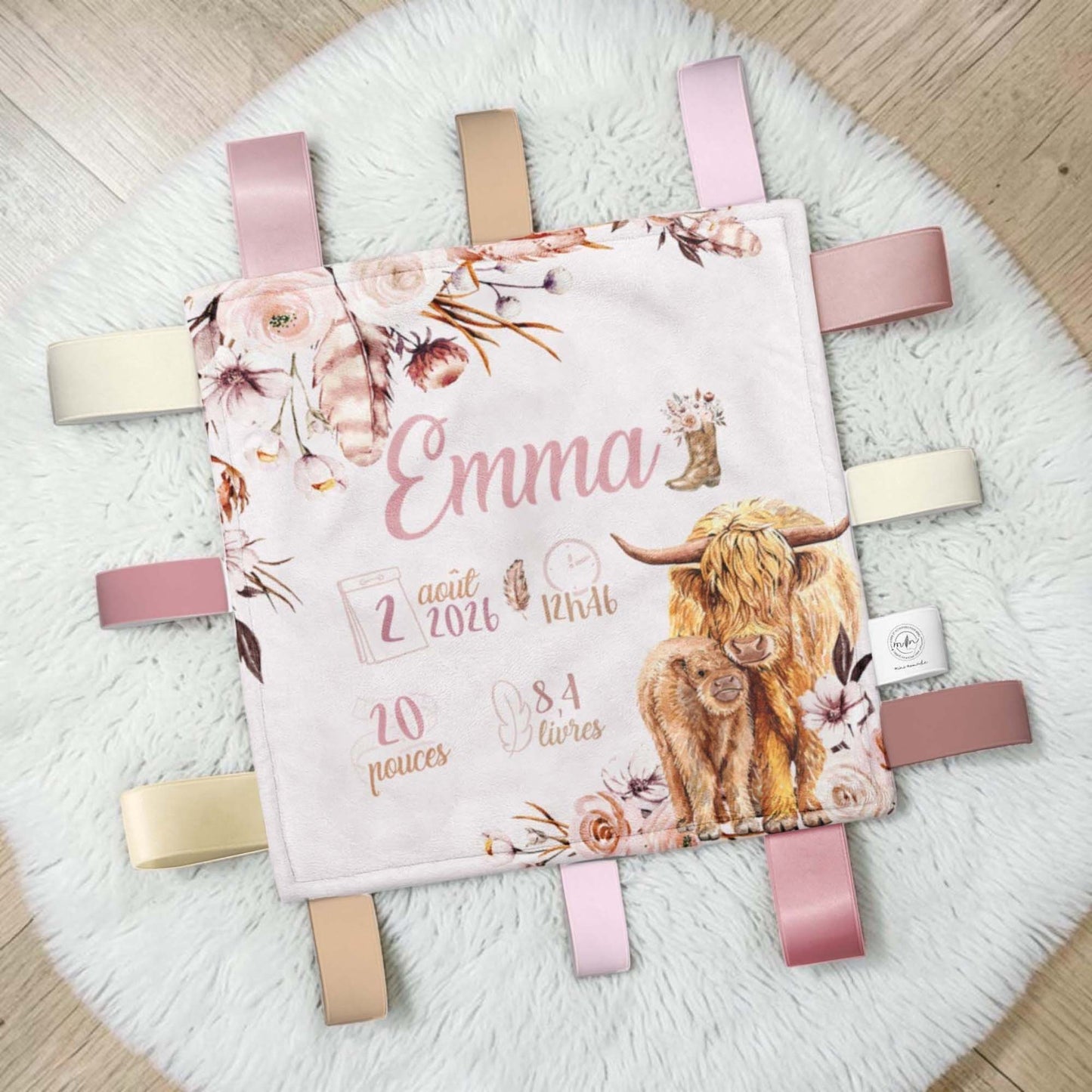 Doudou-étiquettes personnalisée | Vaches highland fleurs latté infos de naissance