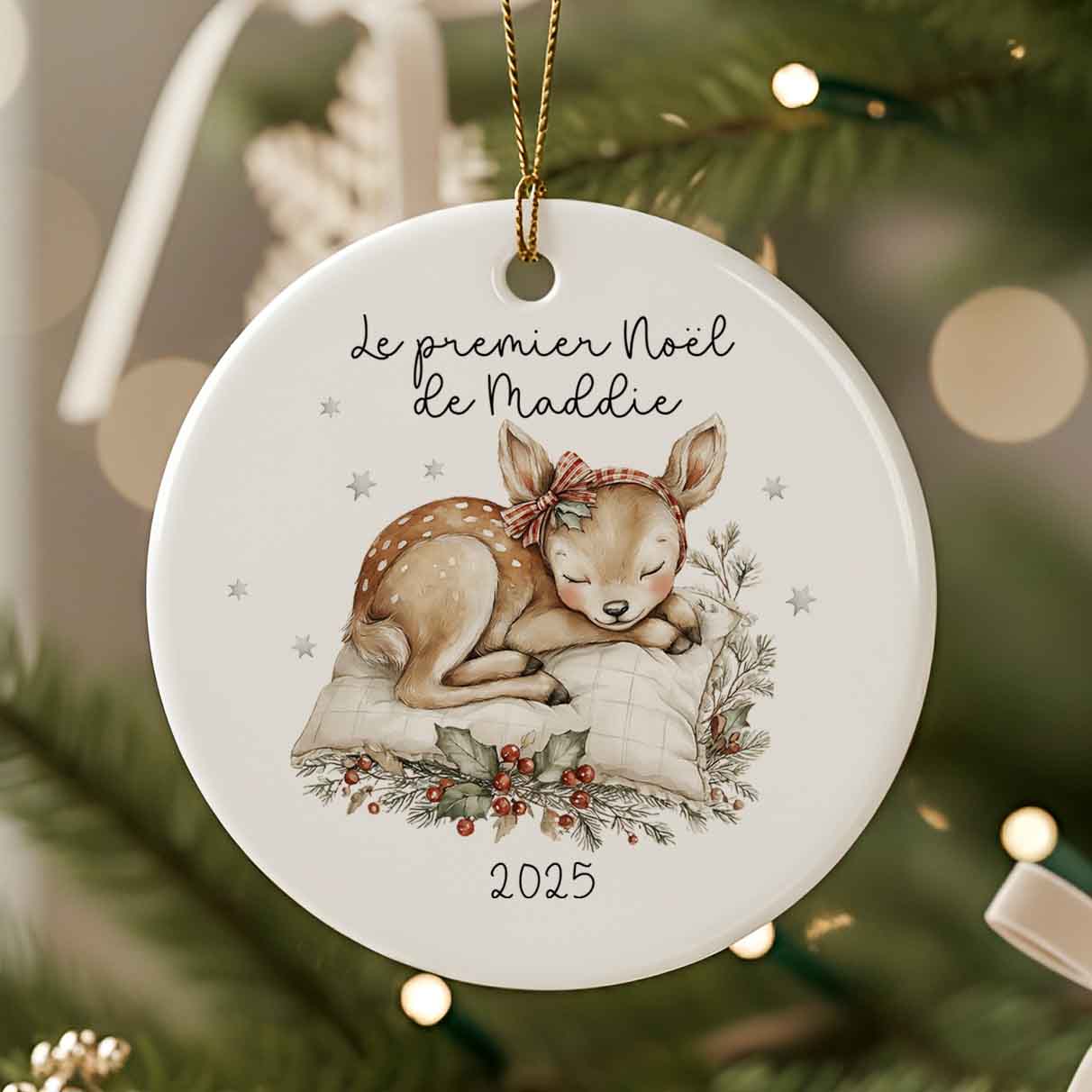 Ornement de Noël personnalisé en céramique | Premier Noël | Biche de Noël