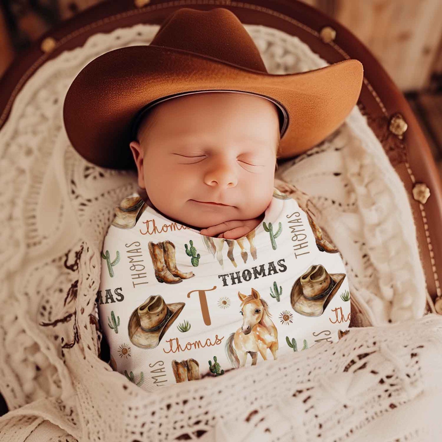 Couverture en mousseline de bambou | Country Cheval et cactus prénom répétitif
