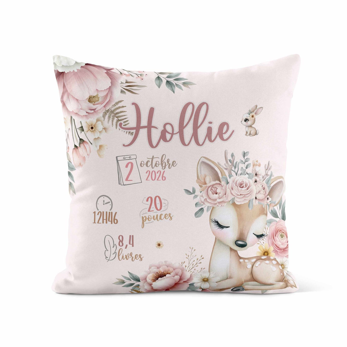 Housse de coussin personnalisée | Douce Forêt avec infos de naissance