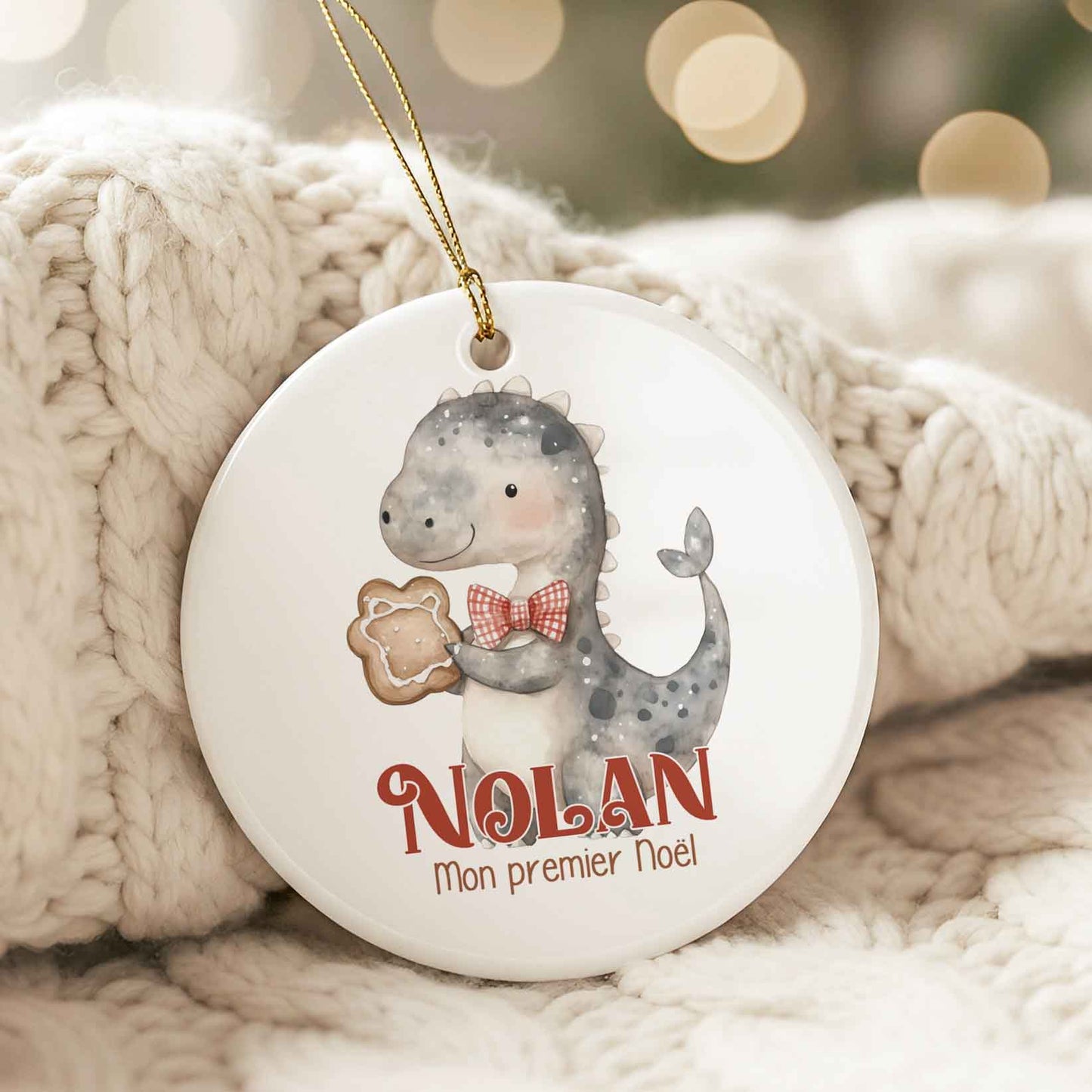 Ornement de Noël personnalisé en céramique | Dino gris de Noël avec prénom