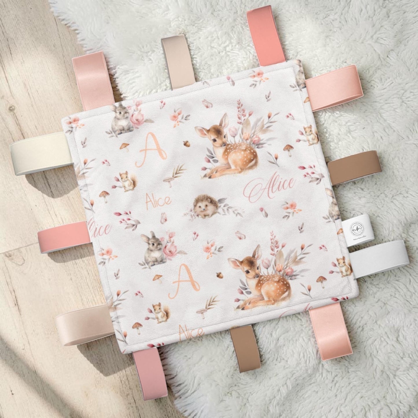 Doudou-étiquettes personnalisée | Forêt Rosée prénom répétitif