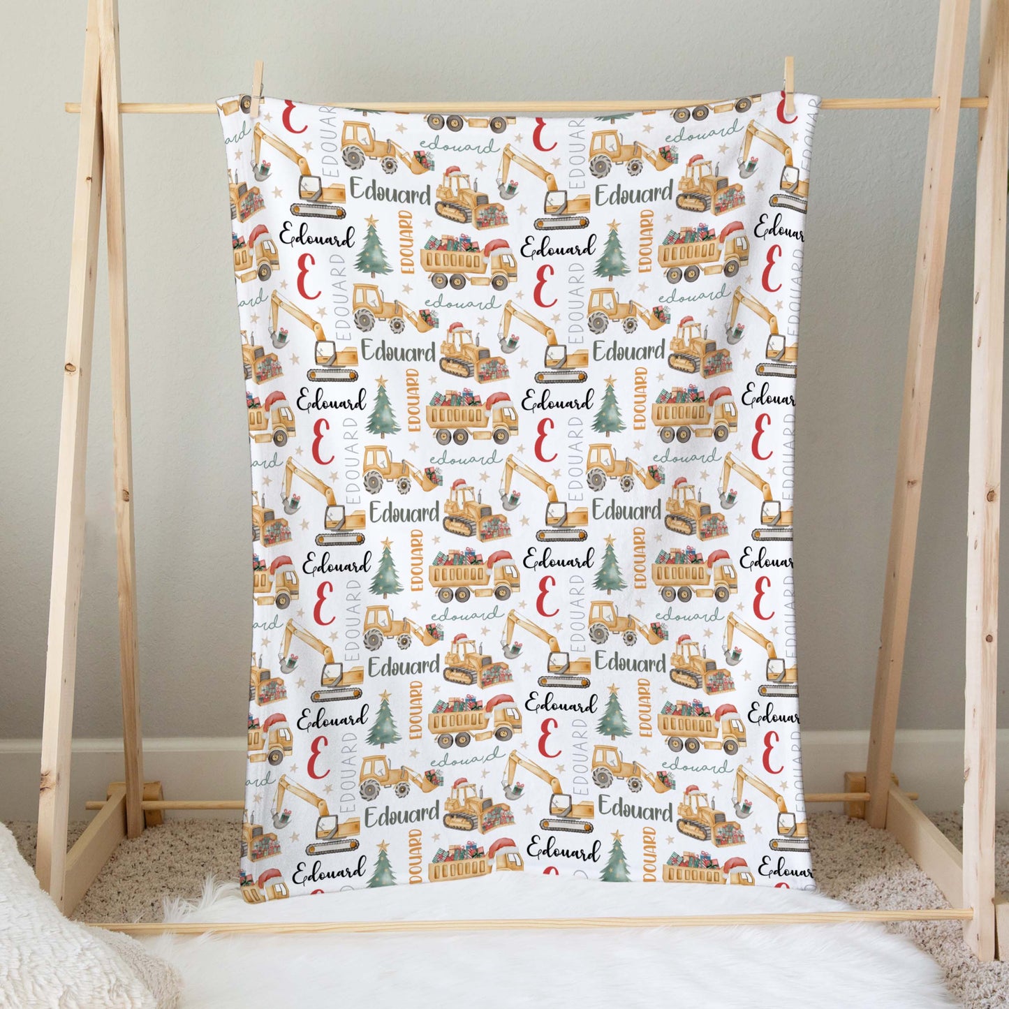 Couverture en minky | Machinerie de Noël prénom répétitif