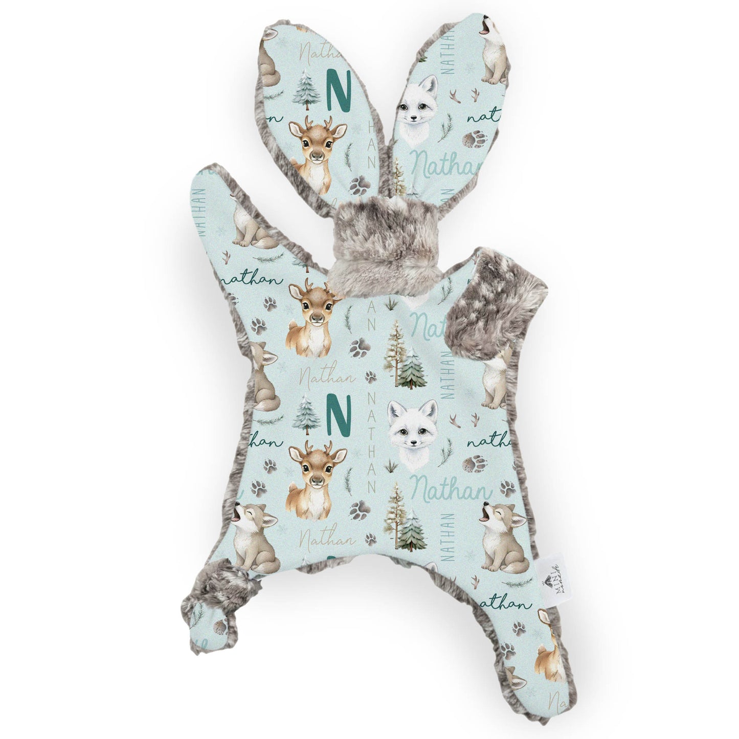 Lapinou personnalisé | Amis de l'hiver fond bleu prénom répétitif