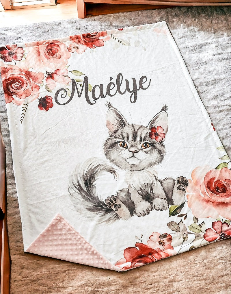 couverture_bassinette_minky_doudou_naissance_prénom_fleurs_chat
