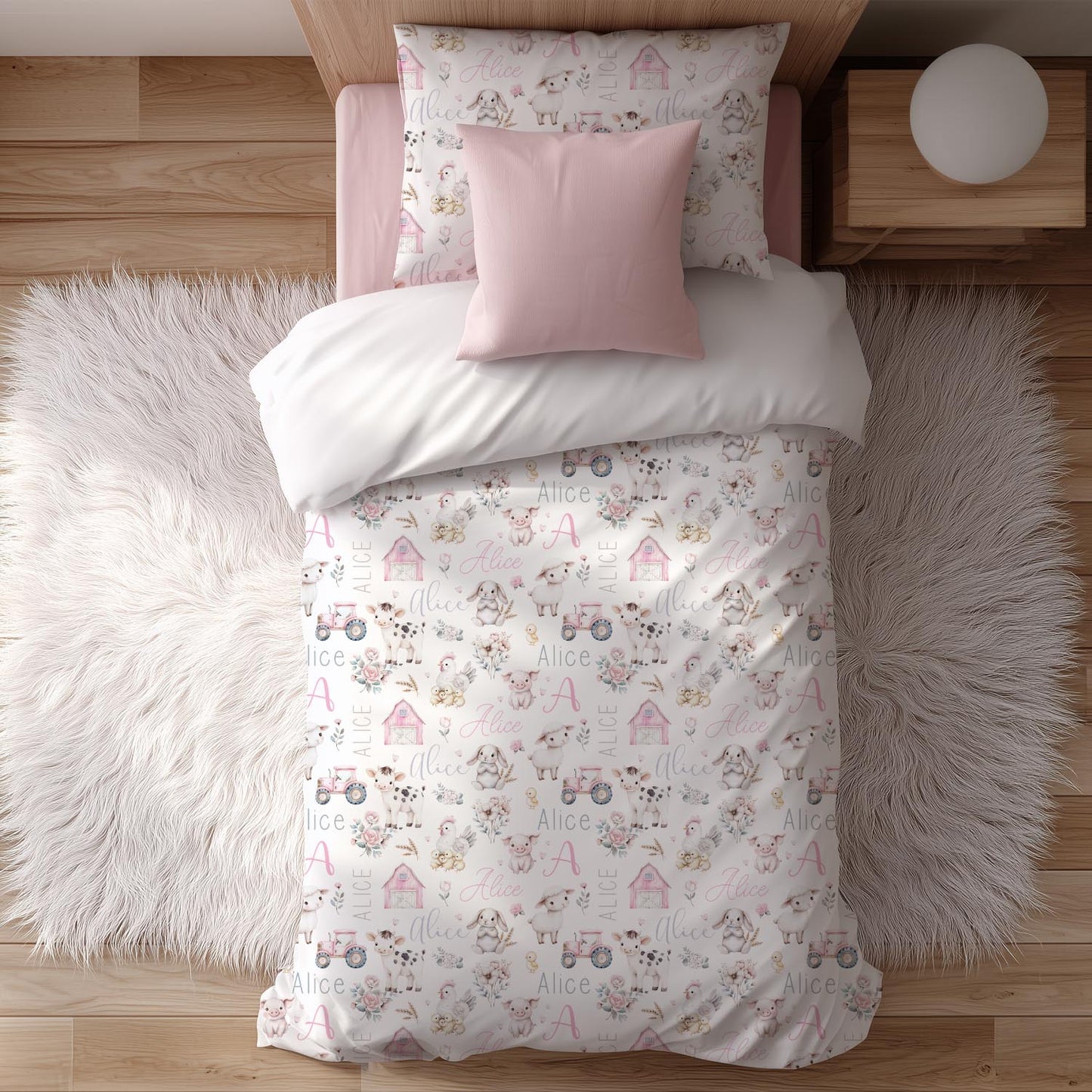 literie lit simple-ferme-rose-vache-tracteur-rose-fille-quebec-twin-bed