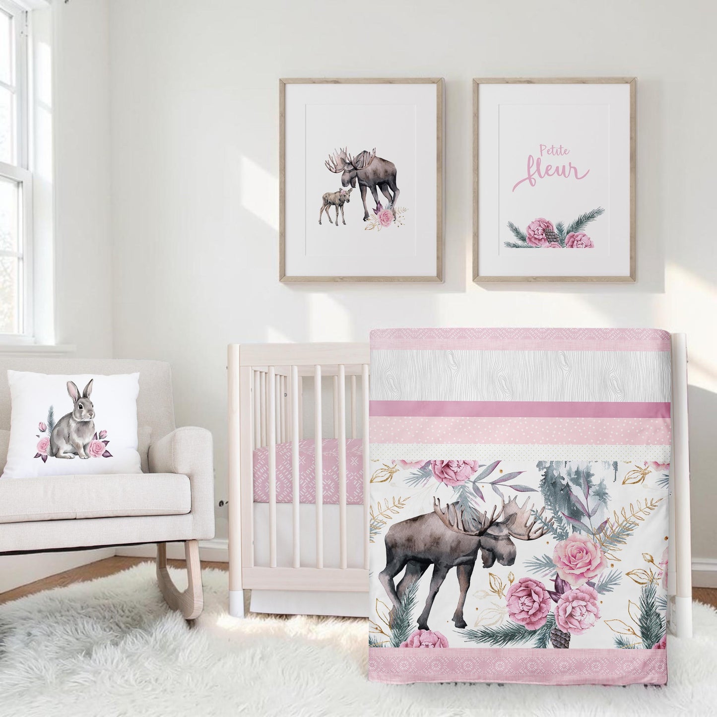 Ensemble de literie pour bassinette en minky | Princesse des Bois en bandes