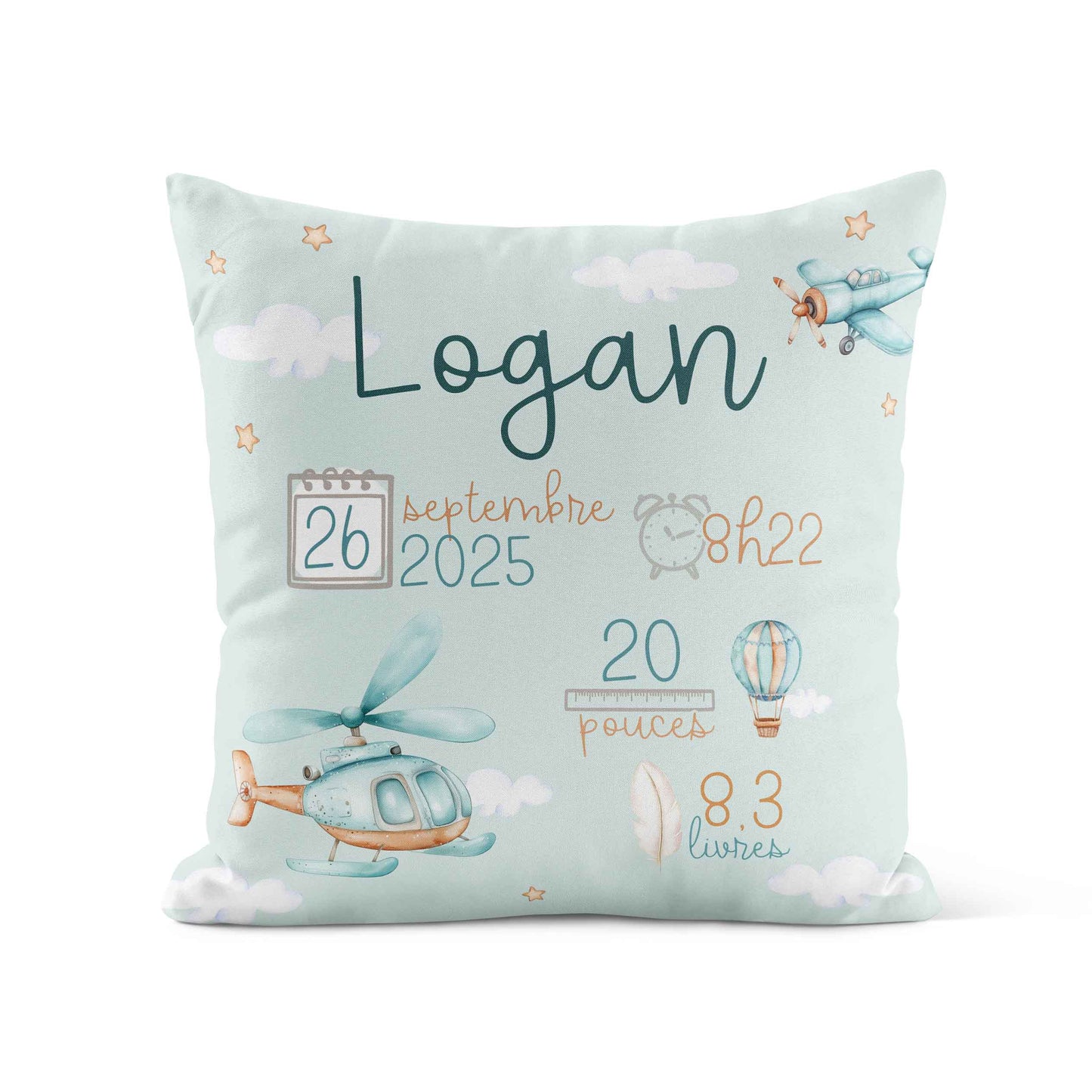 Housse de coussin personnalisée | Aventures dans les airs avec infos de naissance