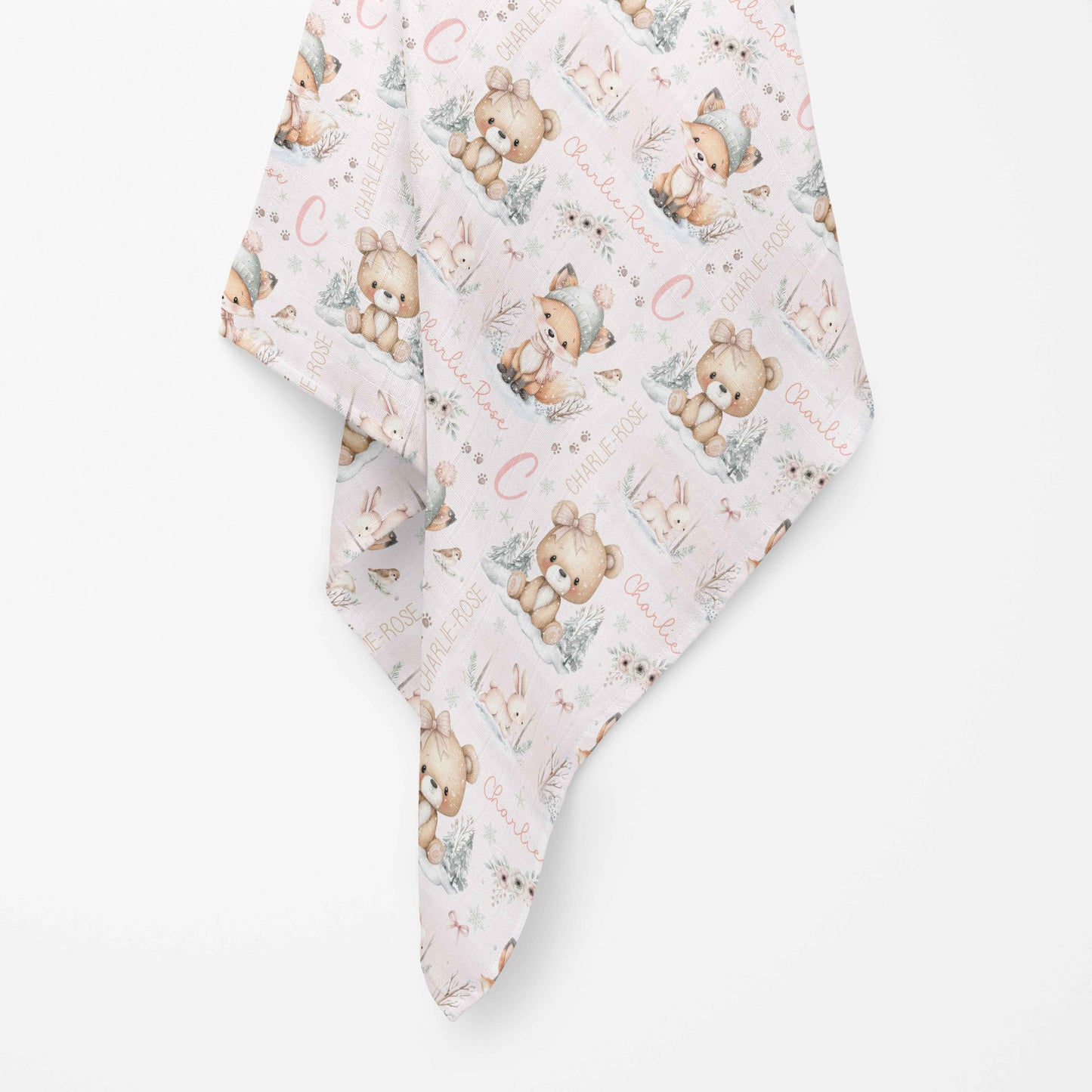 Couverture en mousseline de bambou | Renard rosé et ourson prénom répétitif