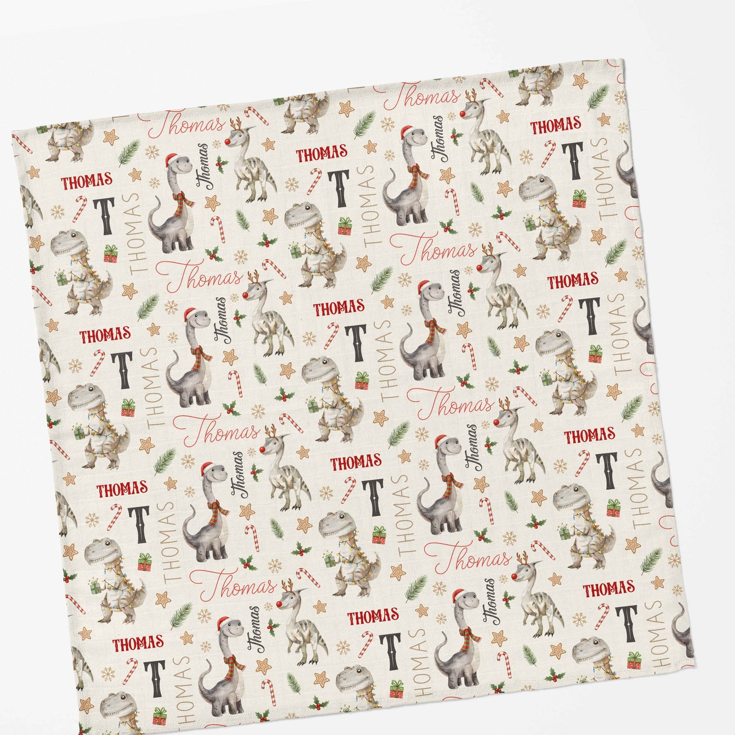 Couverture en mousseline de bambou | Dinosaures gris de Noël prénom répétitif