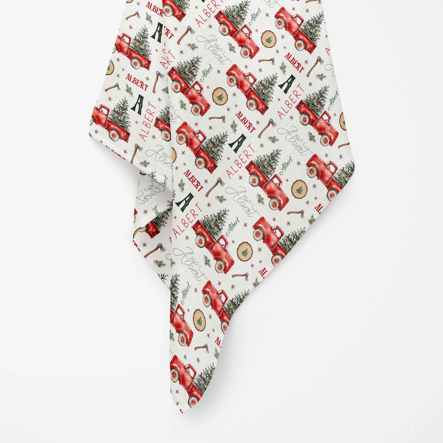 Couverture en mousseline de bambou | Camions rouges et sapins prénom répétitif