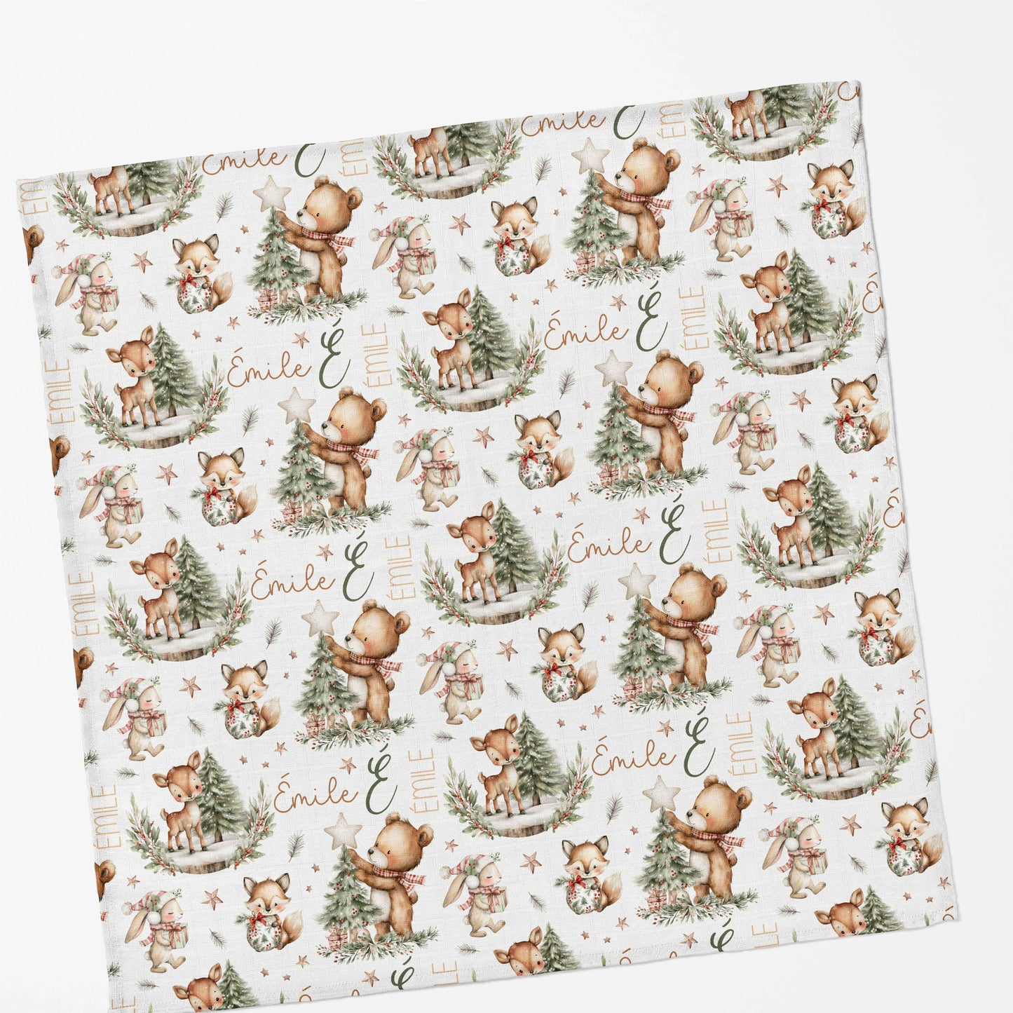 Couverture en mousseline de bambou | Ourson et sapin prénom répétitif