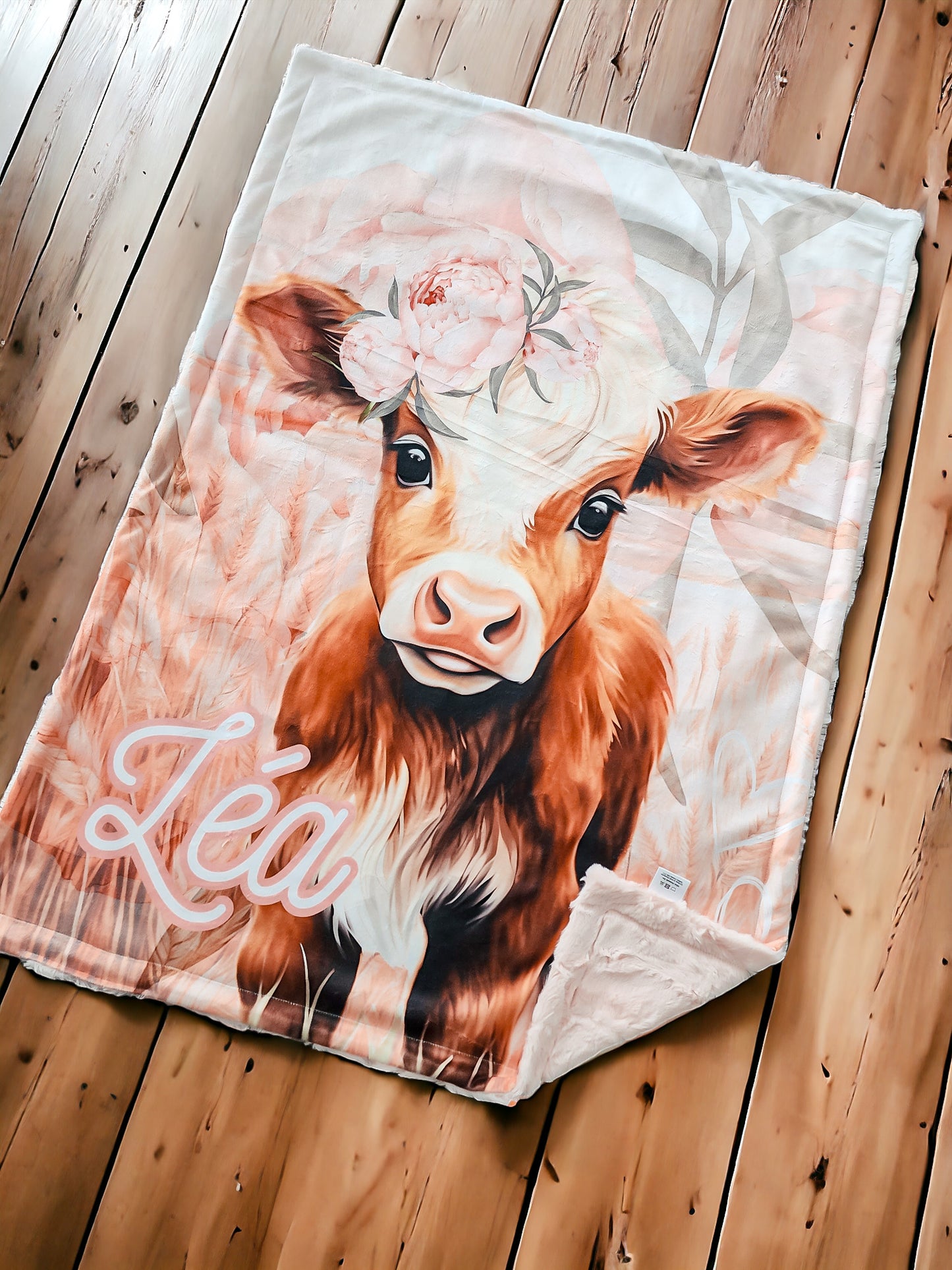Couverture en minky personnalisée | Vache Rousse et Rose