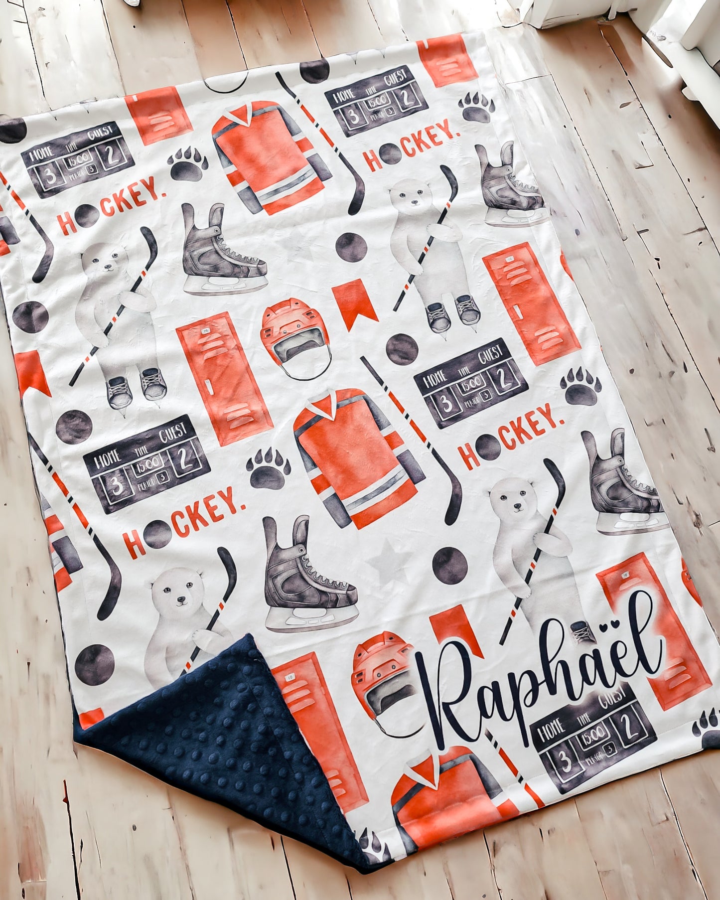 Couverture en minky personnalisée | Ourson et Hockey