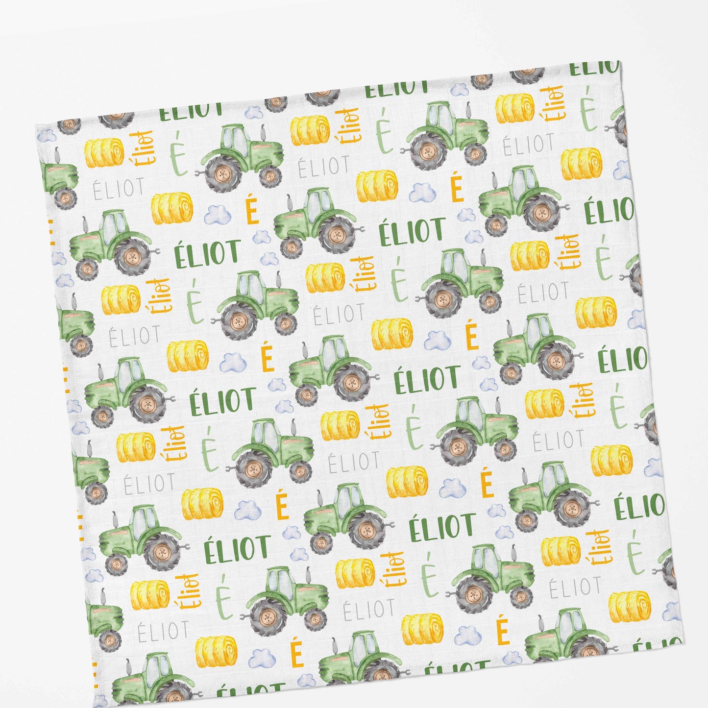 Couverture en mousseline de bambou | Tracteurs Verts prénom répétitif