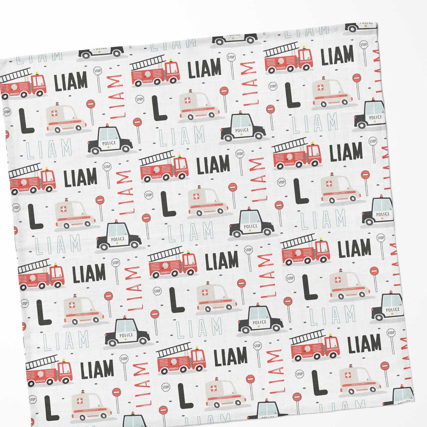 Couverture en mousseline de bambou | Véhicules d'urgence prénom répétitif
