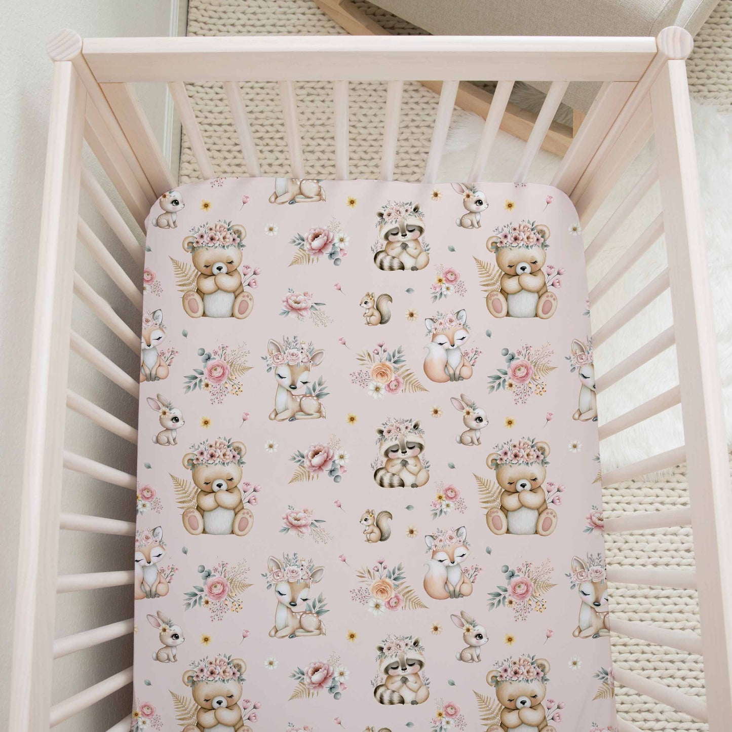 Drap contour pour bassinette | Douce Forêt fond rose