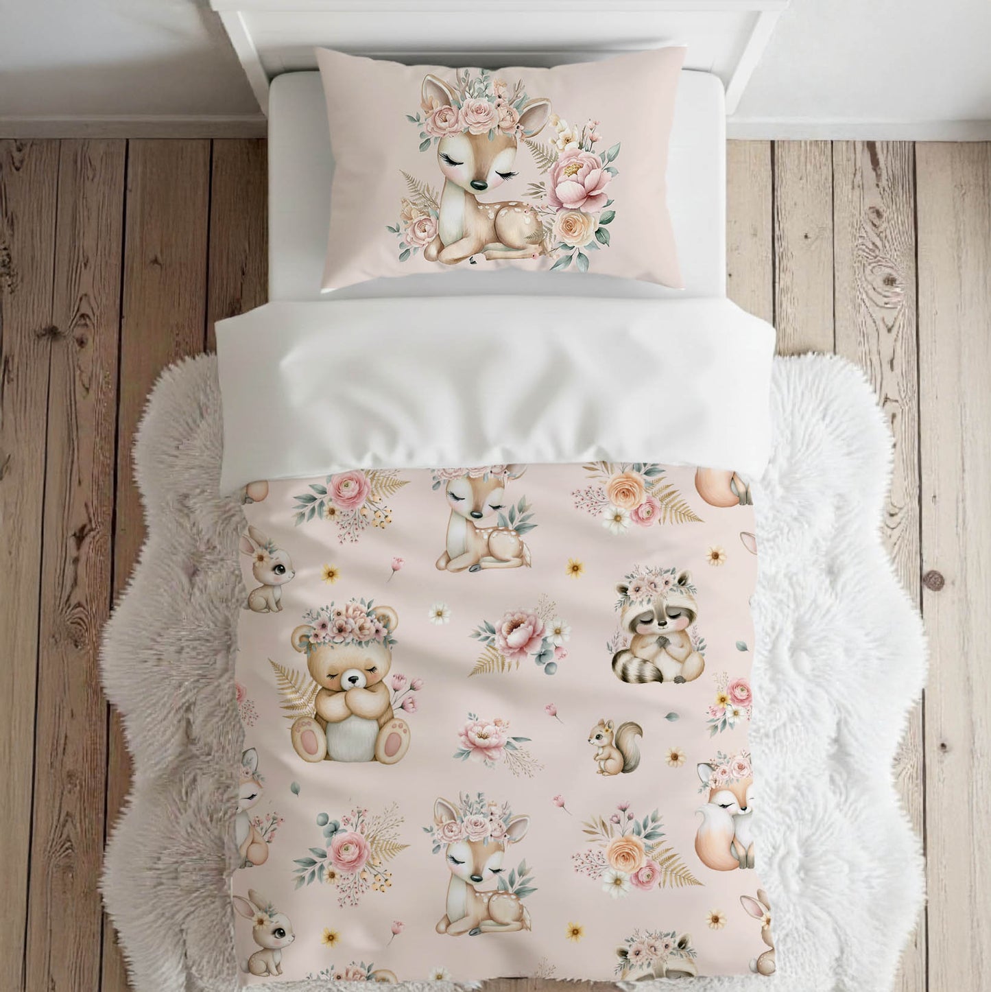 Literie pour lit simple | Douce forêt fond rose gros motif