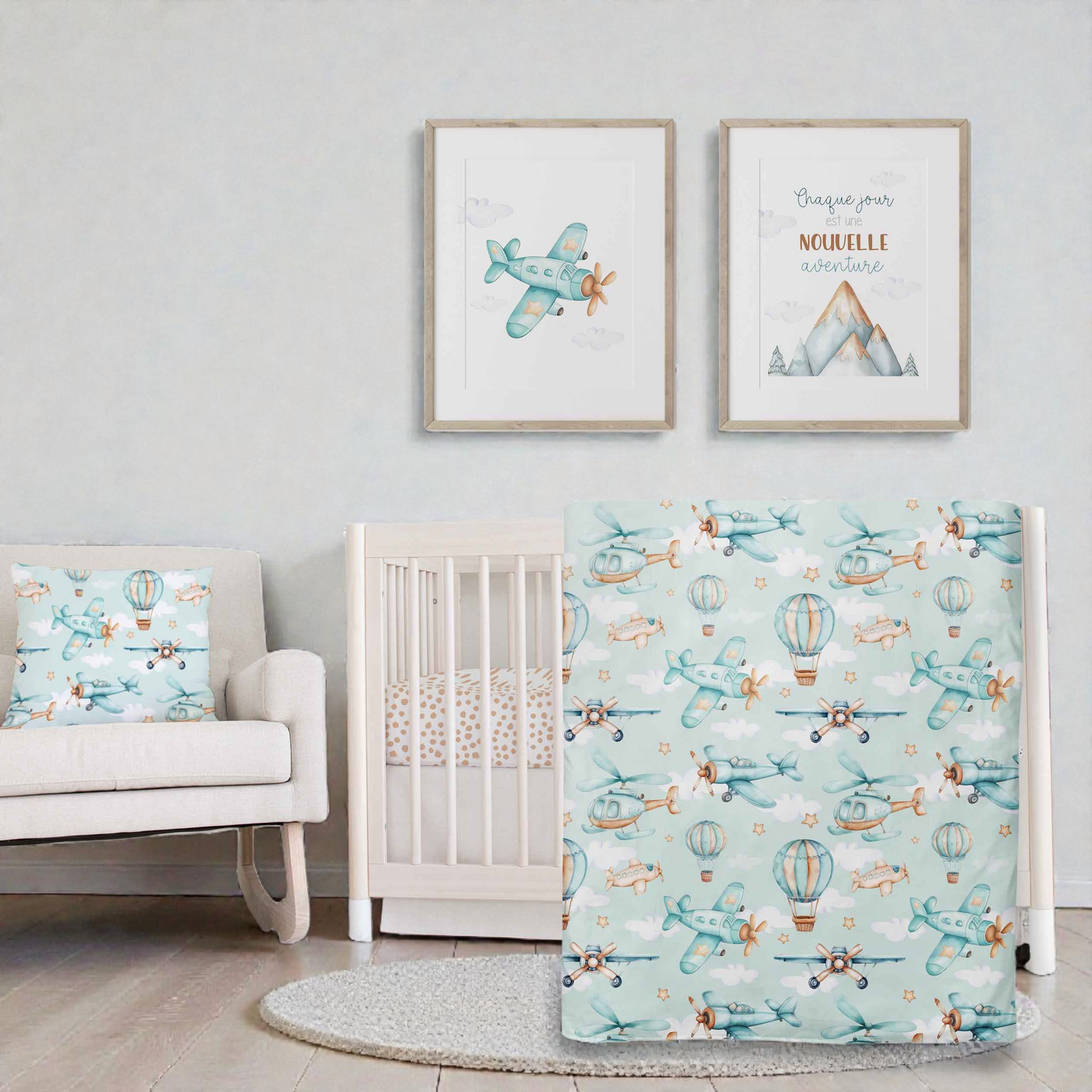 Ensemble de literie pour bassinette en minky | Aventures dans les airs