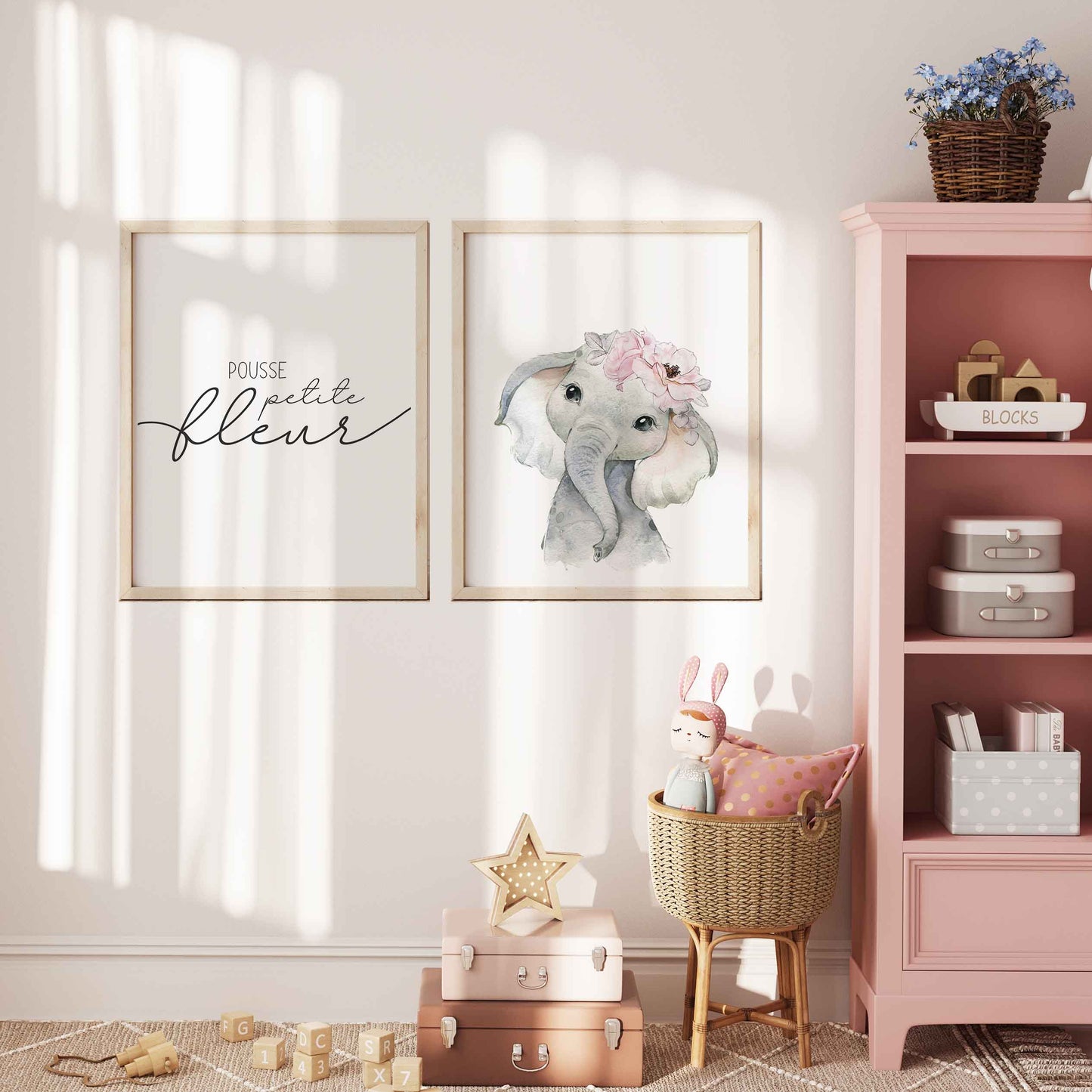 Ensemble de deux affiches numériques | Éléphant fleurs saumon