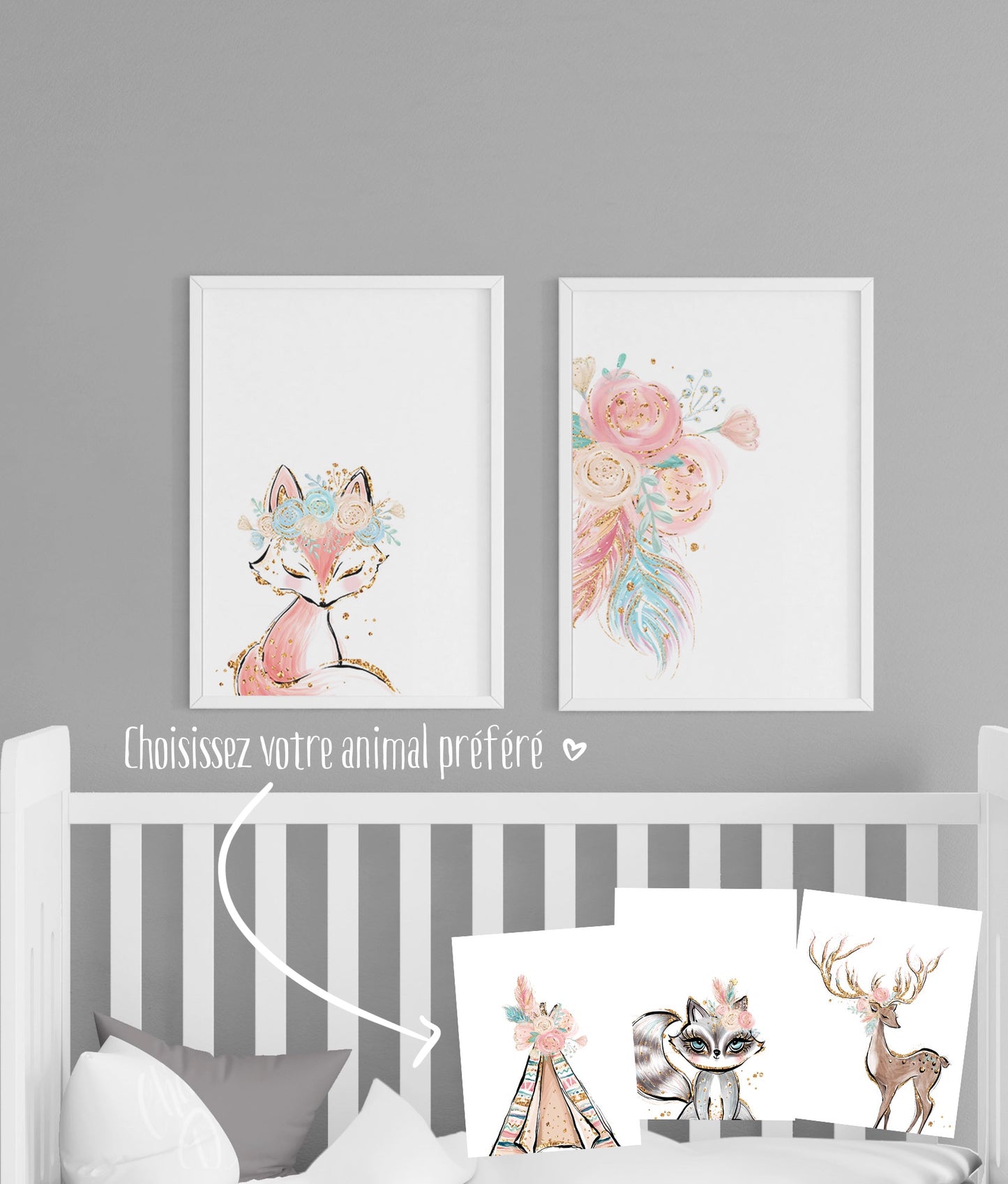 Ensemble de deux affiches numériques | Reine de la forêt | Animal ou tipi et fleurs