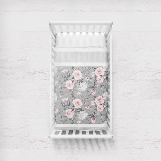 Couverture pour bassinette | Fleurs grises en bandes