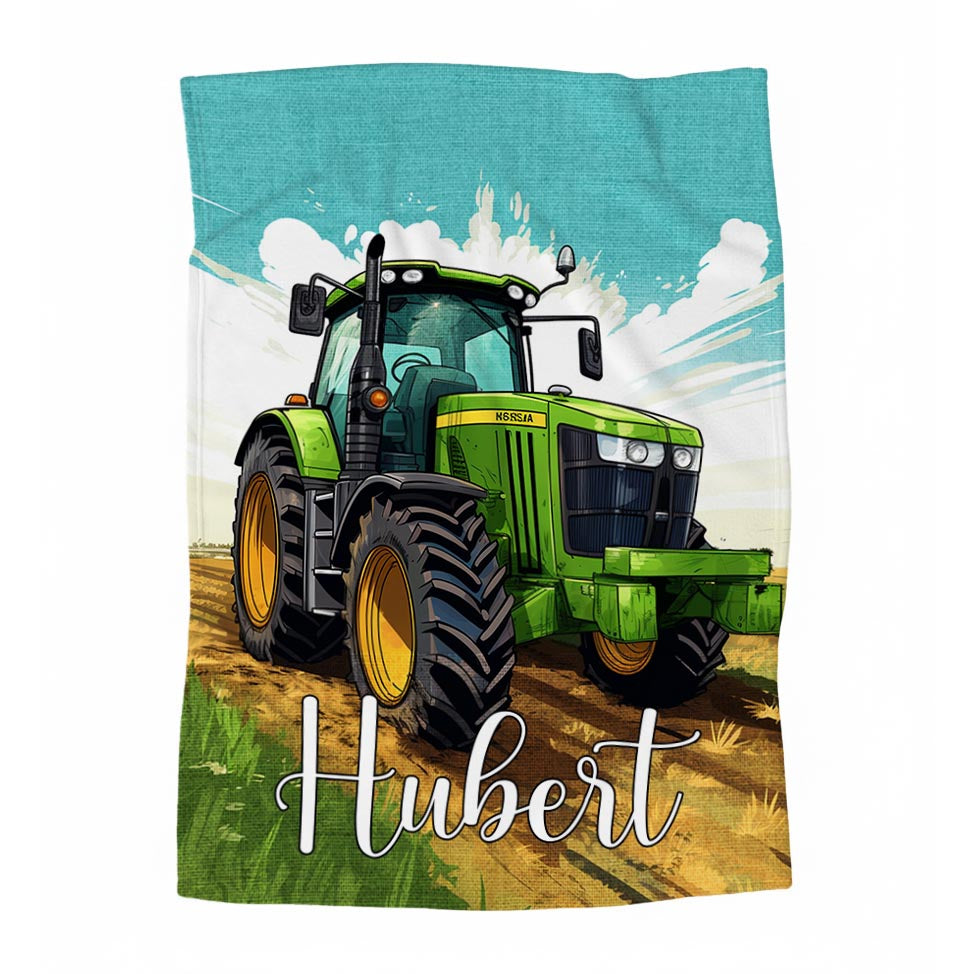 Couverture en minky personnalisée | Tracteur vert et ciel bleu