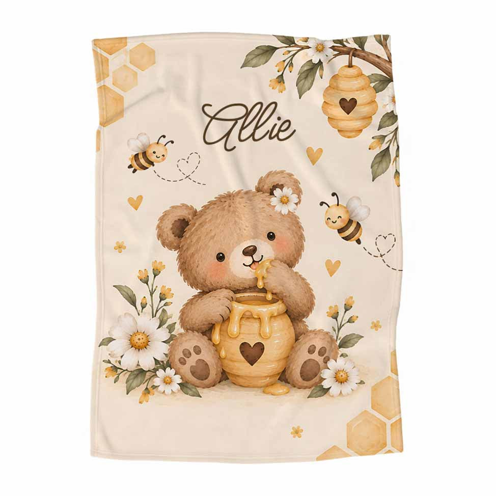 Couverture en minky personnalisée | Ourson miel et soleil panneau