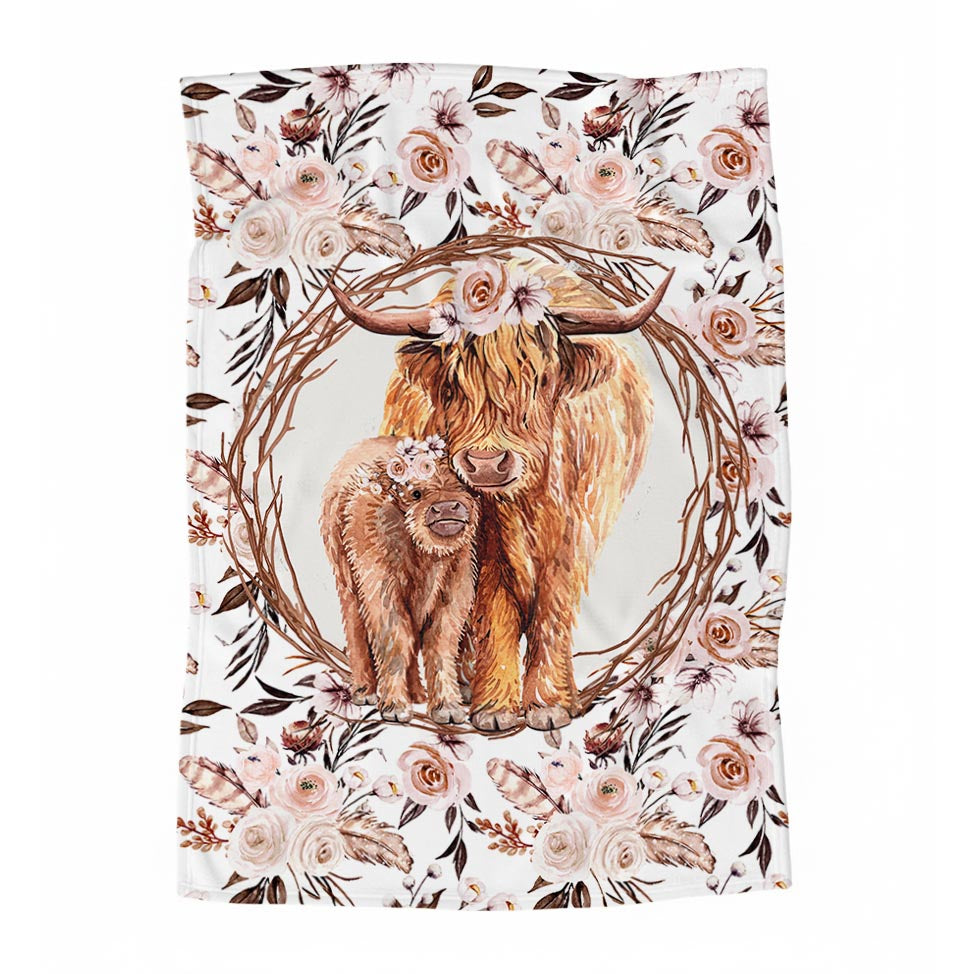 Couverture en minky | Vache Highland fleurs latté panneau