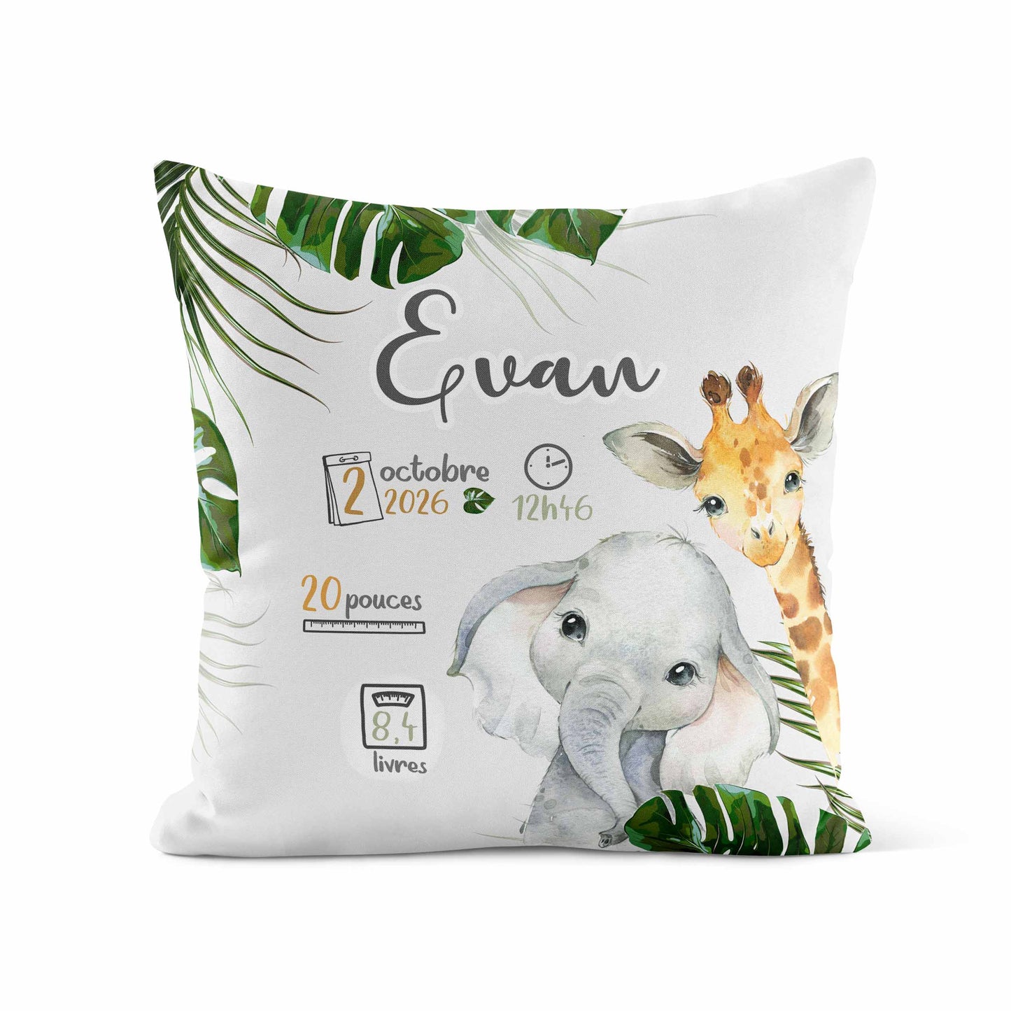 Housse de coussin personnalisée | Safari Jungle infos de naissance