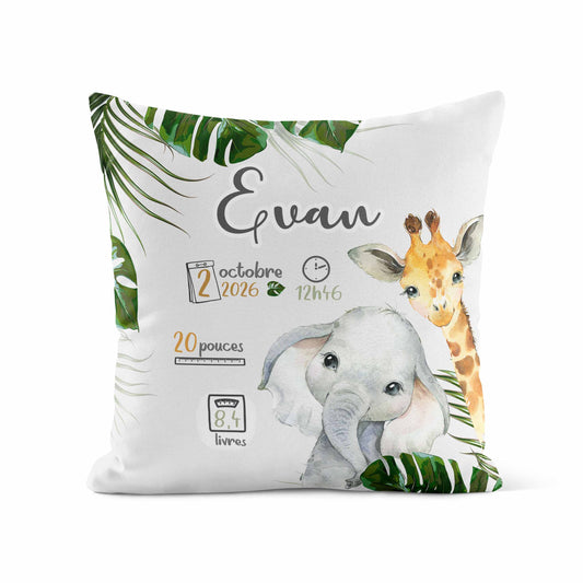 Housse de coussin personnalisée | Safari Jungle infos de naissance