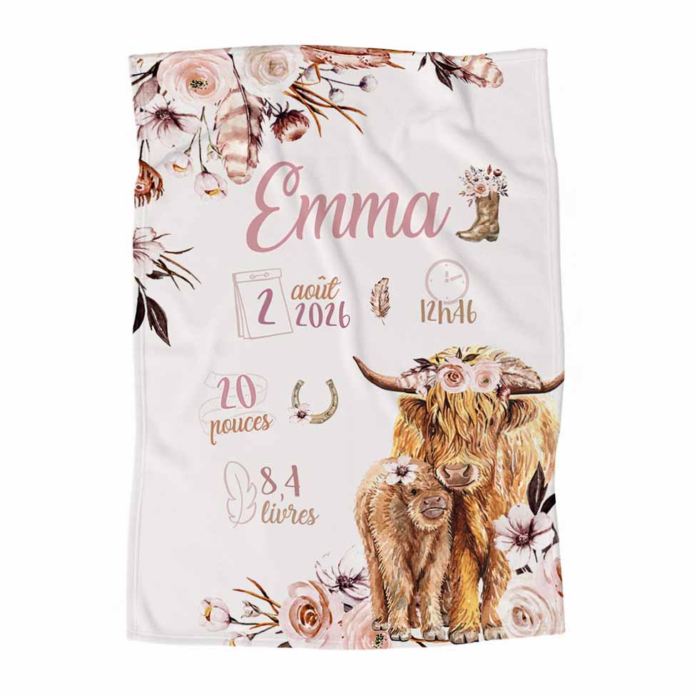 Couverture en minky personnalisée | Vache Highland fleurs latté infos de naissance