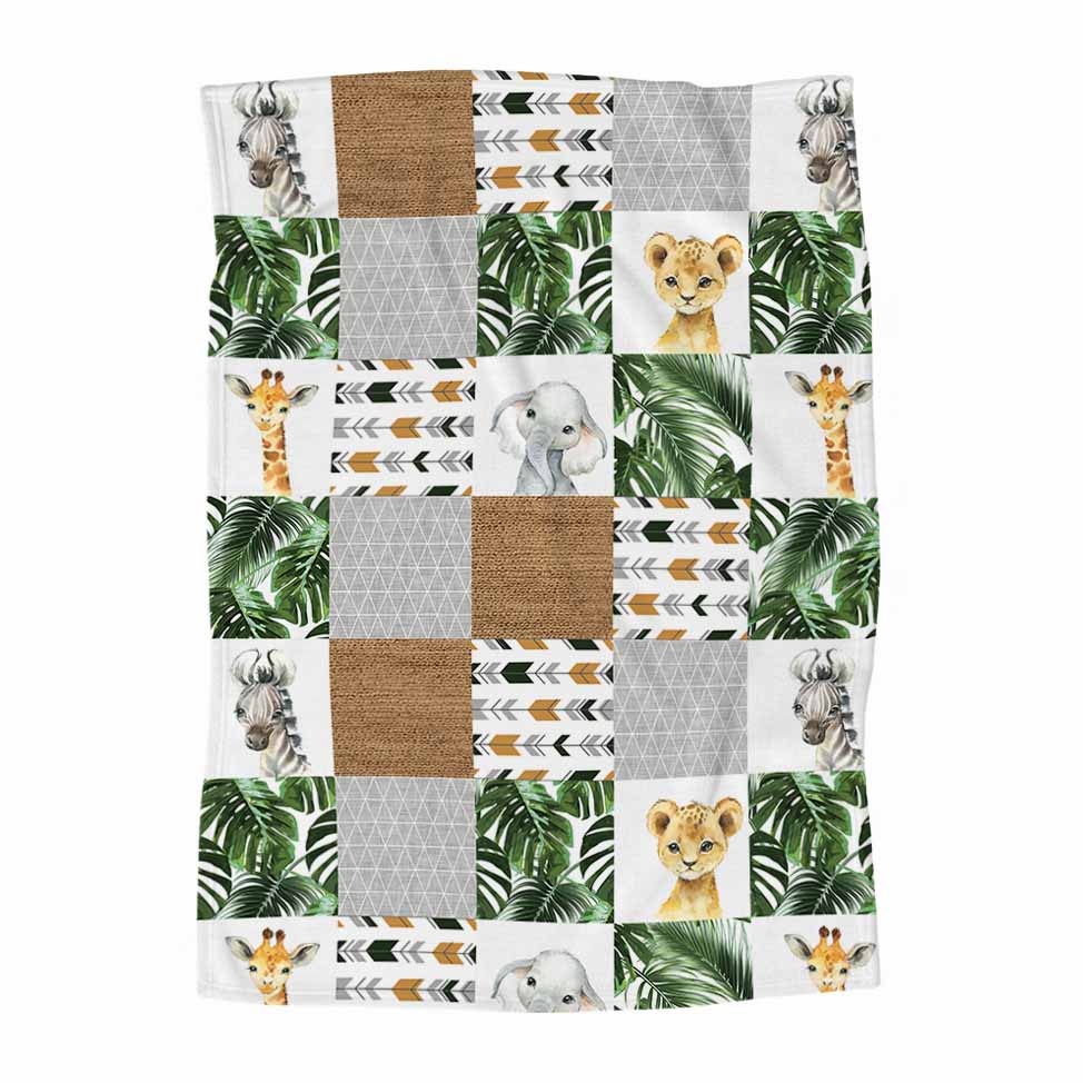 Couverture en minky  | Safari Jungle Animaux d'Afrique Patchwork