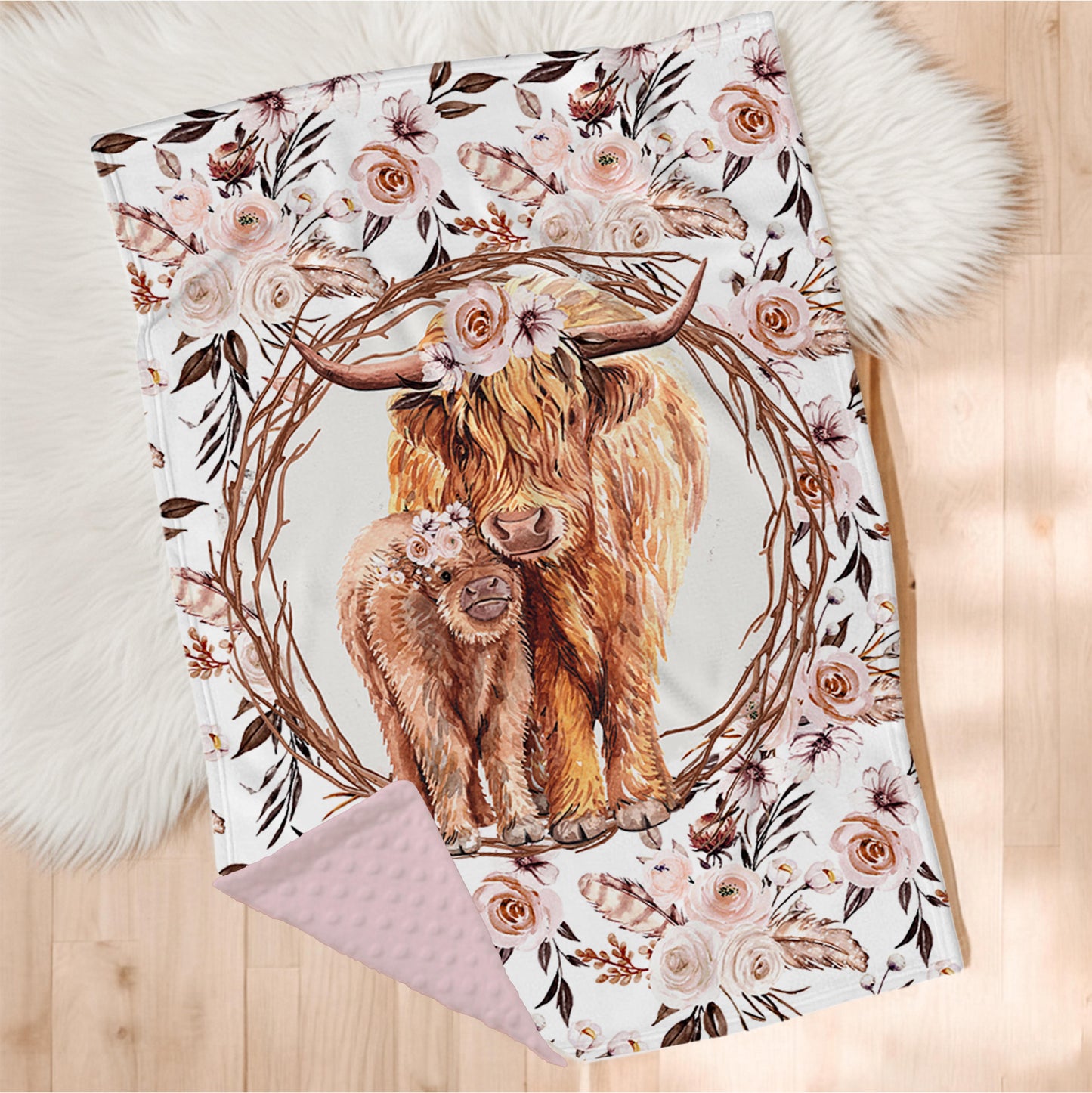 Couverture en minky | Vache Highland fleurs latté panneau