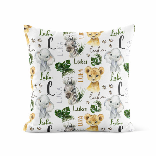 Housse de coussin personnalisée | Petits Animaux d'Afrique prénom répétitif