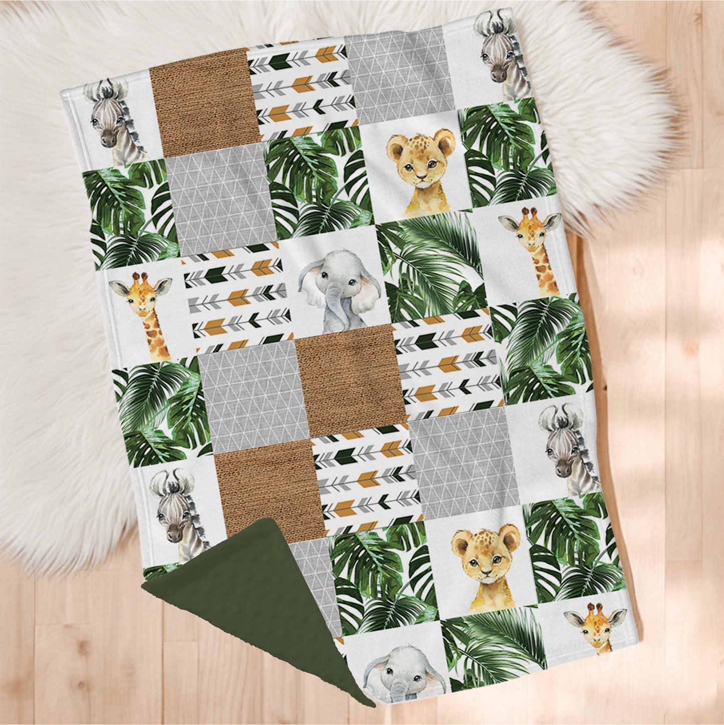 Couverture en minky  | Safari Jungle Animaux d'Afrique Patchwork