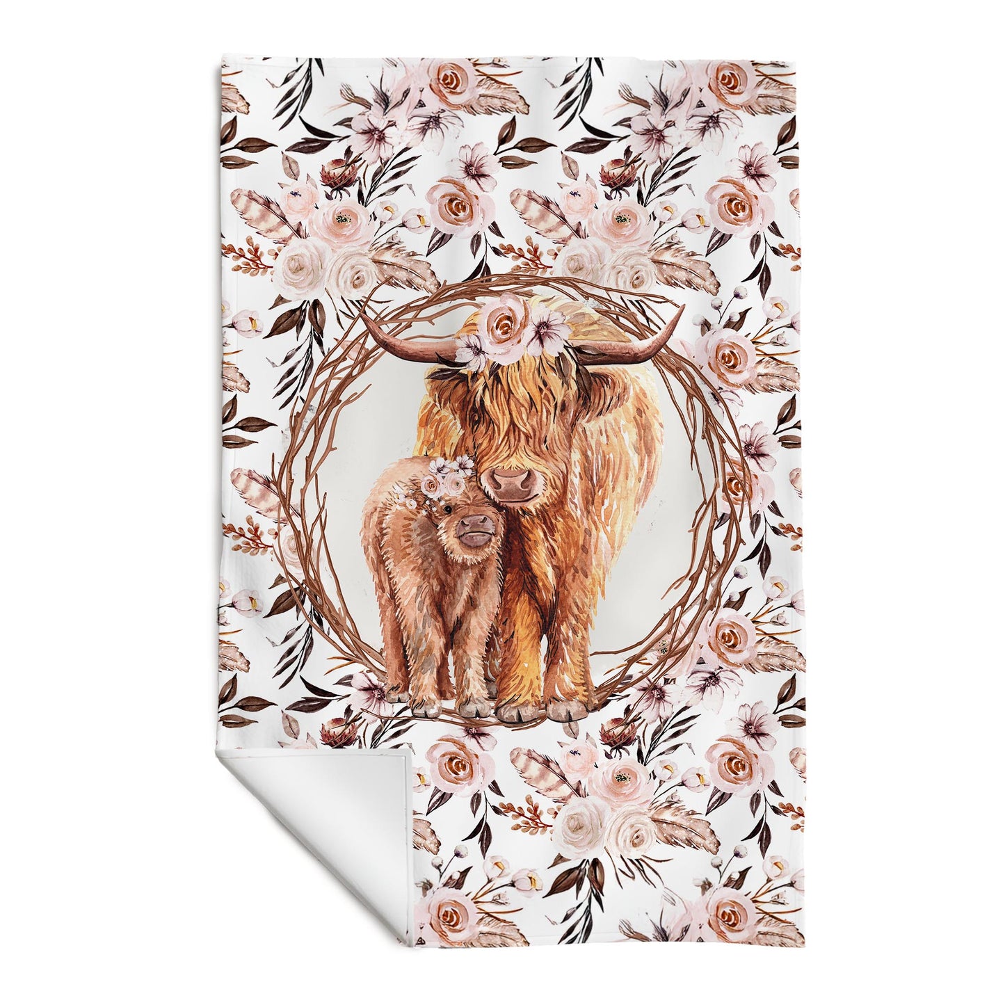 Serviette de plage en microfibre | Vache highland fleurs latté panneau