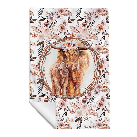 Serviette de plage en microfibre | Vache highland fleurs latté panneau