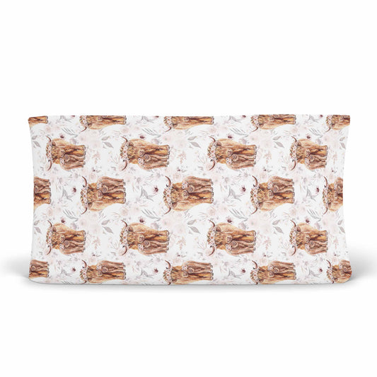 Housse pour matelas à langer | Vaches highland fleurs latté