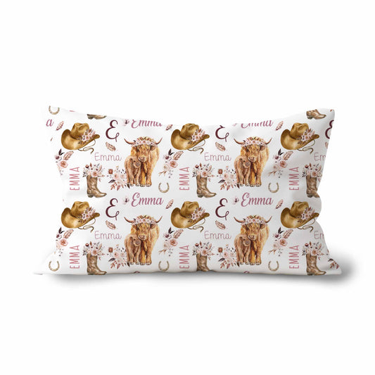 Couvre-oreiller standard | Vache highland fleurs latté prénom répétitif