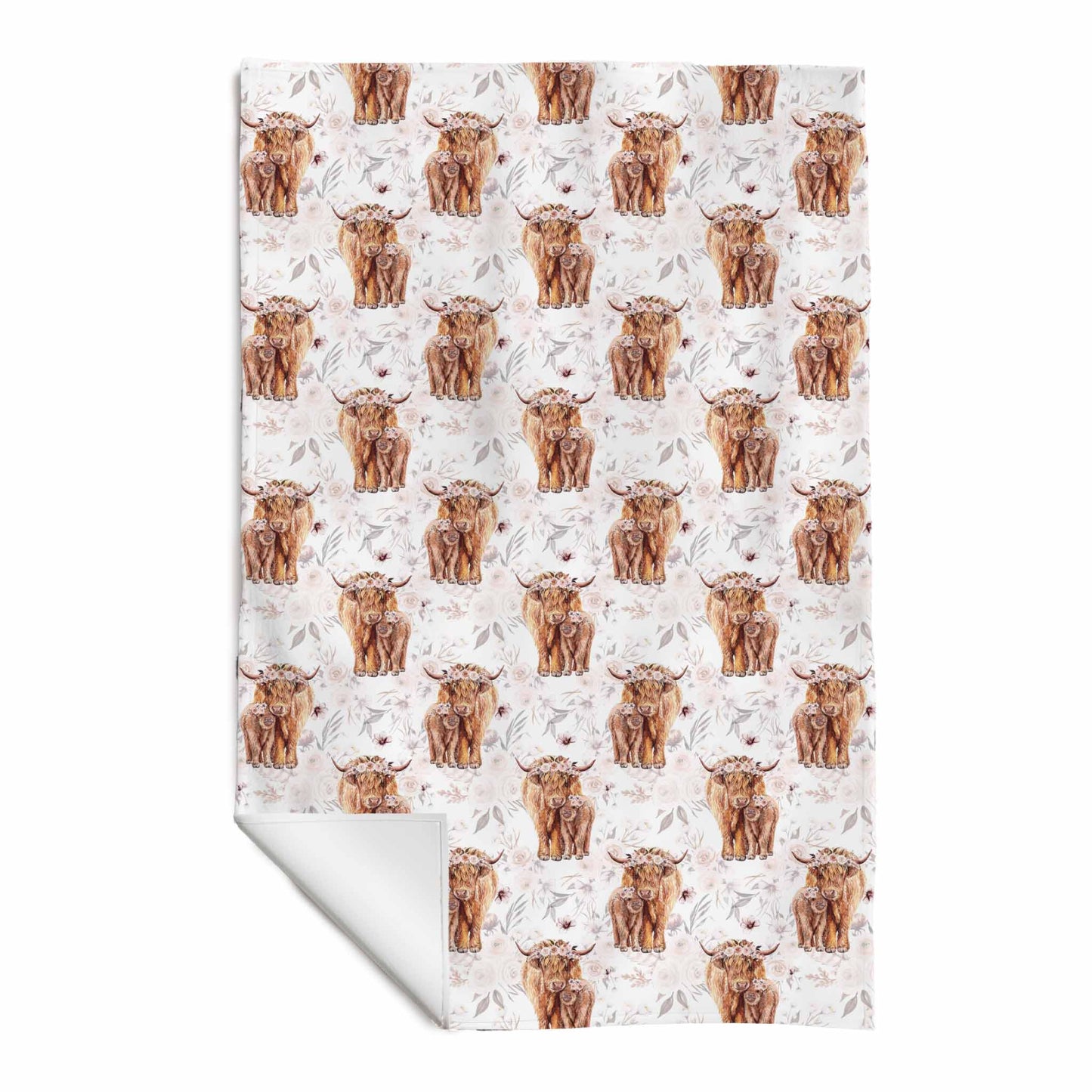 Serviette de plage en microfibre | Vache highland fleurs latté