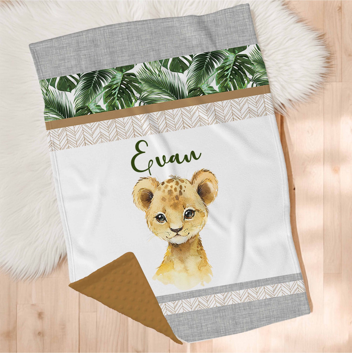 Couverture en minky personnalisée | Safari Jungle en bandes animal au choix