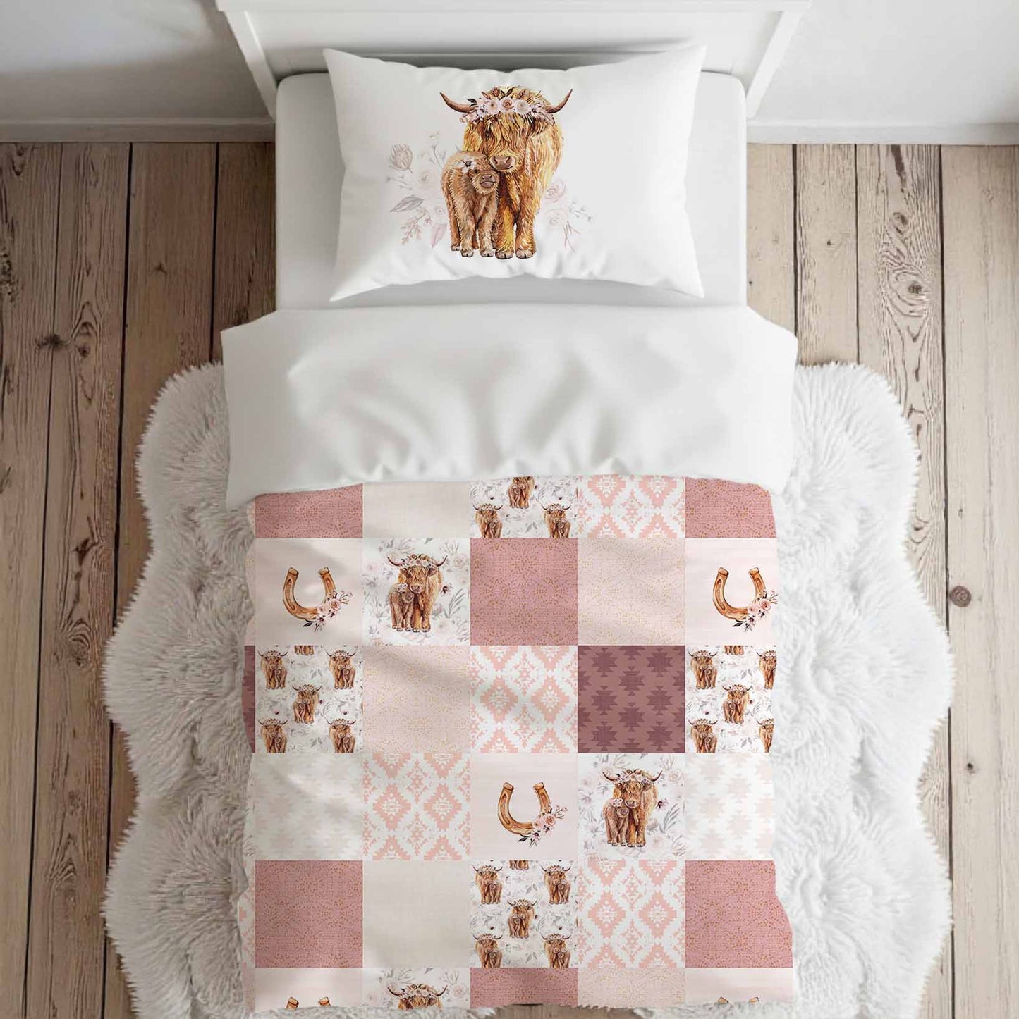 Literie pour lit simple | Vache highland Fleurs latté patchwork