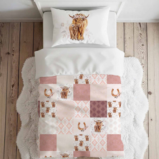 Literie pour lit simple | Vache highland Fleurs latté patchwork