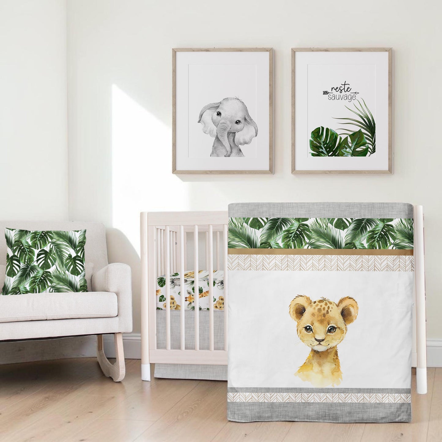 Ensemble de literie pour bassinette en minky | Safari Jungle en bandes | Animal au choix