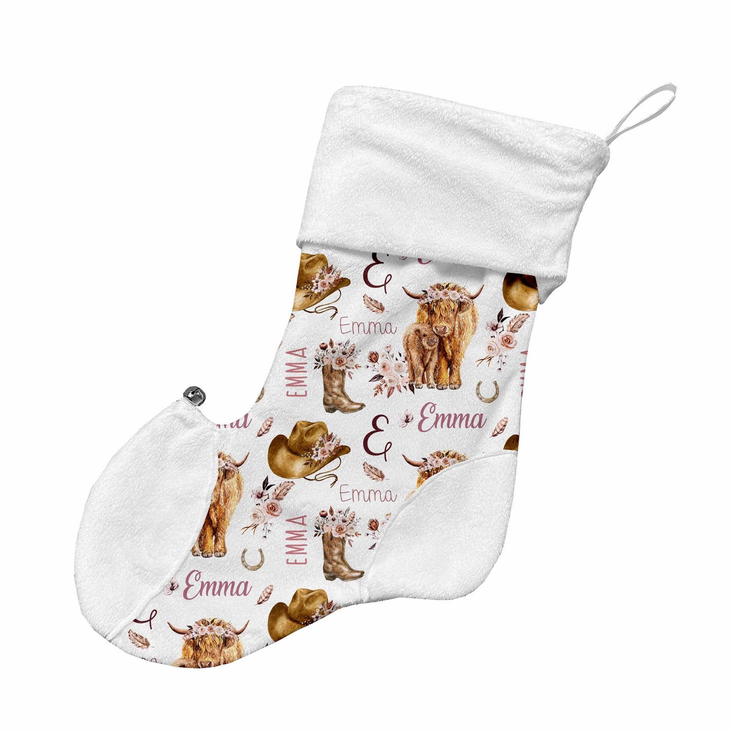 Bas de Noël | Vaches highland fleurs latté prénom répétitif