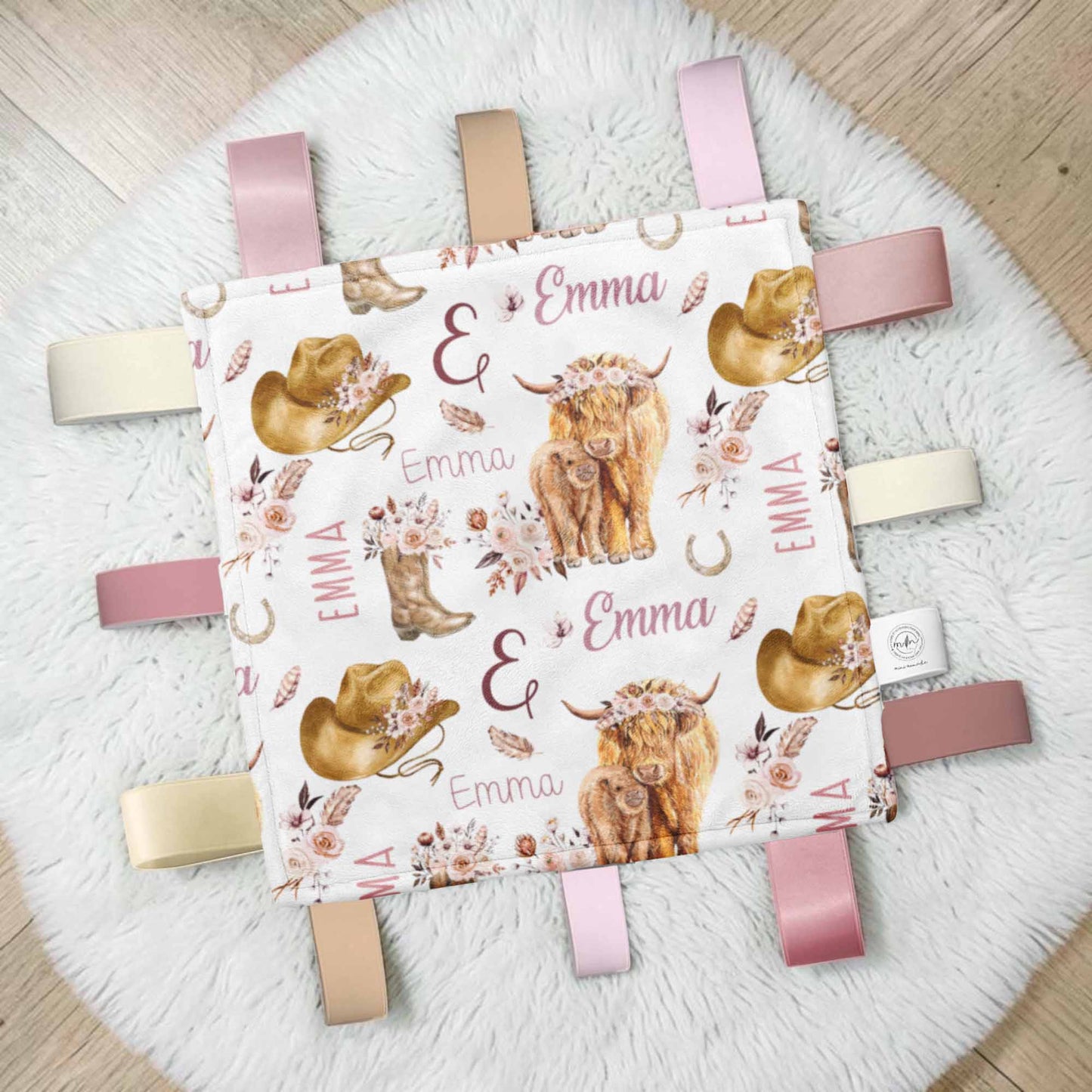 Doudou-étiquettes personnalisée | Vaches highland fleurs latté prénom répétitif